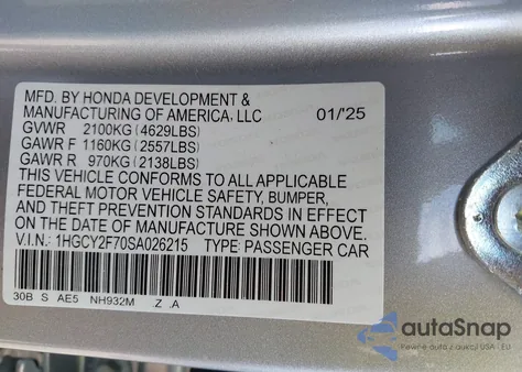 2025 Honda Accord Hybrid Sport-L z USA, uszkodzony, nr VIN 1HGCY2F70SA026215